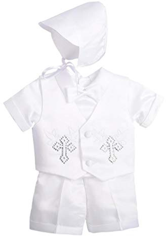 Lito Angels - Ropa Traje de Bautizo Bautismo para Bebe Niño con Gorro Capó, Blanco, Estilo A - Manga Corta, Talla 9-12 Meses