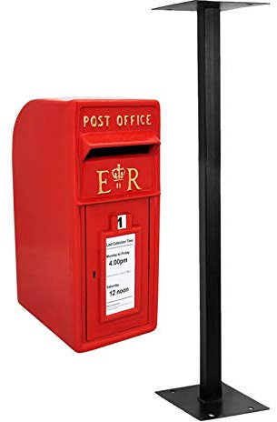 Royal Mail Post Box with Floor Stand ER Cast Iron Wall Mounted Wedding Authentic Pillar Replica Lockable Post Office Letter Box Red