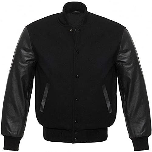 Fashion_First Men's Varsity Black College Baseball Letterman Jacket Mens - Black Fleece Bomber Jackets