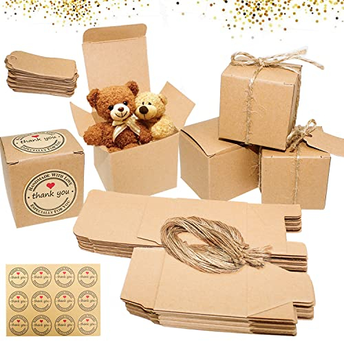 Geschenkbox Kraftpapier Geschenkschachtel Klein 50 Geschenkboxen Set Schachteln mit Deckel & Jute Leere Verpackungskartons für Hochzeit Gebäck Party Süßigkeiten Geschenke Gastgeschenk Box