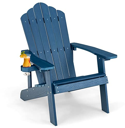 COSTWAY Adirondack Stuhl mit Getränkehalter, wetterfester Gartenstuhl, Gartensessel aus Kunststoff, Outdoor-Stuhl für Garten, Terrasse, 170 kg Tragfähigkeit (Navy)