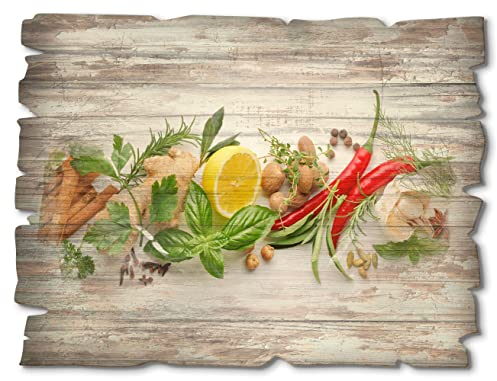ARTland Wanddeko Bild aus Holz Holzbild vintage Deko 40x30 cm Essen Lebensmittel Gewürze Kräuter Zitrone Chilli Vintage Rustikal U1RK