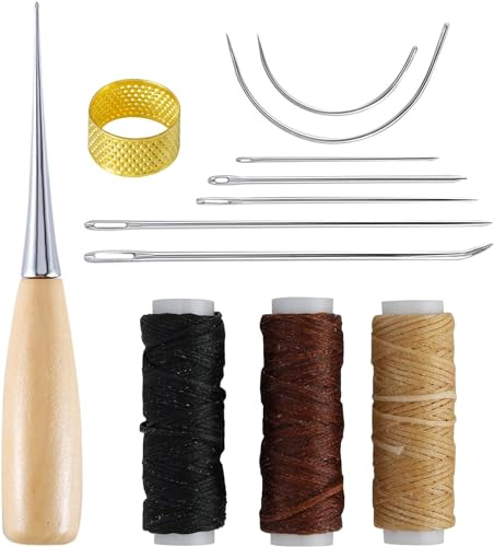 Ledernähnadel 12 Stück, Hand Leder Werkzeug Nähset mit Nähnadeln, Bohr Ahle, Wachsfaden und Fingerhut, Für DIY Lederhandwerk, Reparatursatz für Teppiche, Polstermöbel, Geschenk für Freunde, Familie