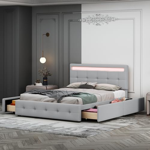 Ctastay Polsterbett Doppelbett Kinderbett 140x200 cm mit LED, Jugendbett Bett mit 4 Schubladen für Stauraum, Stauraumbett Gästebett Bettgestell mit Holz-Lattenrost & Kopfteil, Leinen (Grau)