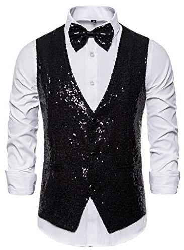 Gilet de costume pour homme, gilet à paillettes brillantes, gilet décontracté pour festival, fête discothèque, bal de promo, col en V, coupe régulière, gilet brillant sans manches avec nœud papillon