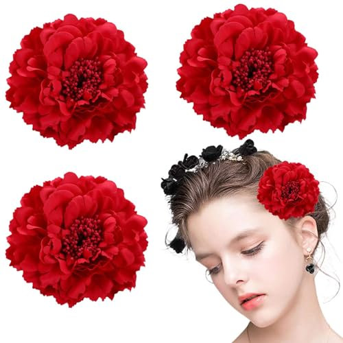 AOOTUERL 3 Stücke Blumen Haarspangen Haarclip Rot Blume Brosche Haarklammer für Party Hochzeit Karneval Halloween Cocktail Halloween Karneval Maskerade Make up