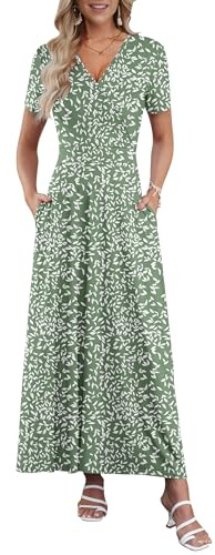 AUSELILY Robe Longue Femme Été Col en V Manches Courtes Robe Ligne A | Robe Longue Femme Été Chic et Élégant, Col en V Manches Courtes, Coupe Taille Haute Ligne A avec Poches