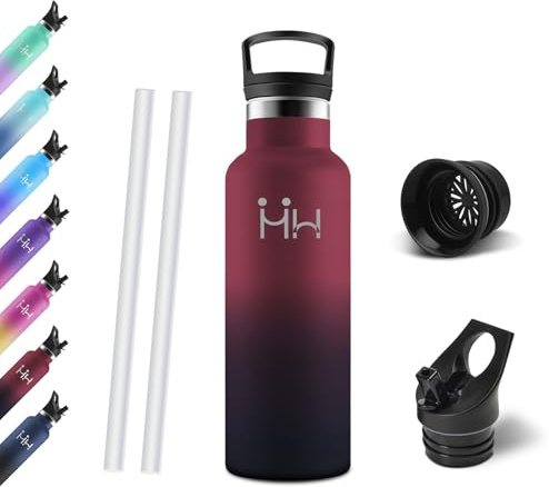 Motswedi Botella Agua, 500 ml Libre de BPA, Botella Termica, Con Pajita y 2 Tapas, Cantimplora, 18/8 Acero Inoxidable, Botellas Isotermica para Parchi, Scuole, Uso Quotidiano - rojo&negro