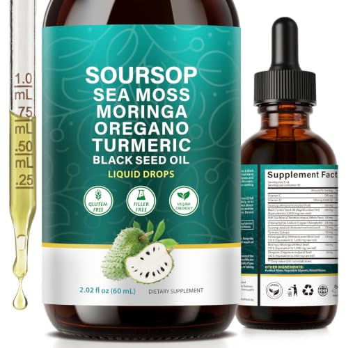 Soursop Bitters Liquid Drops, 60ml | Supports Digestive Wellness & Immune Function with Sea Moss, Moringa, Turmeric, Black Seed Oil, Oregano, Ashwagandha