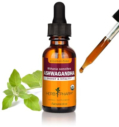 Herb Pharm Organic Ashwagandha Liquid Extract, Alcohol-Free: Mood Support Supplement, Vegan Ashwagandha Root Glycerite, Tasty Non-Bitter Adaptogen Extract for Adults, Non-GMO, 1 Oz