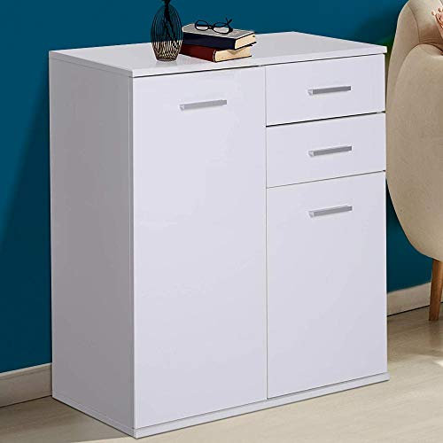 BAKAJI Mueble aparador con 2 cajones, Doble Puerta y 2 estantes Interiores, Mueble aparador Multiusos Cocina baño Oficina diseño Moderno Madera MDF Blanco tamaño 71 x 35 x 76 cm