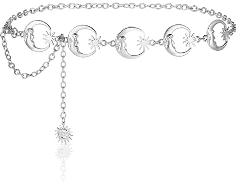 Geyoga Taillenkette Gürtel Körper Kette Damen Kettengürtel Mehrere Mond Sonne o Ring Kette Taillengürtel Gotische Hüftkette Vintage Schmuck für Jeans Kleider(Silber,Mondstern)