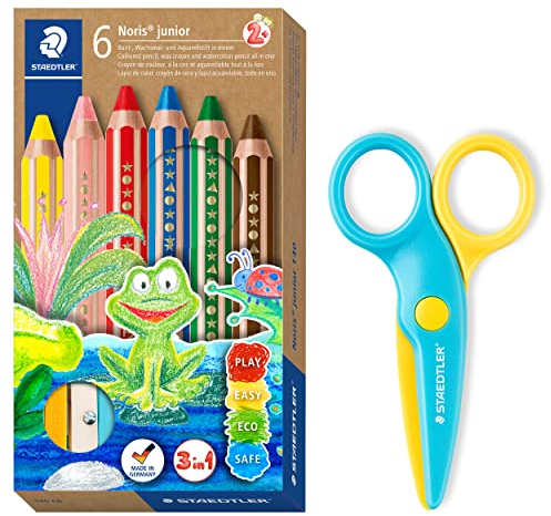 STAEDTLER 3in1 Buntstifte und Sicherheitsschere Noris junior, Bunt-, Wachsmal- und Aquarellstift, ideal für Kleinkinder, schneidet nur Papier, 6 Farben Spitzer und Sicherheitsschere, 140 C6 P2X