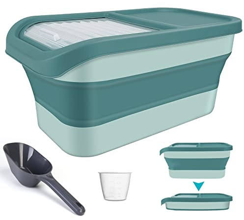 YECERCAN Pet Food Storage Containers, Collapsible Dog Food Container with Sliding Lid,13lb Cat Food Storage with Measuring Cup & Scoop, Plastic Dog Food Bin(green)