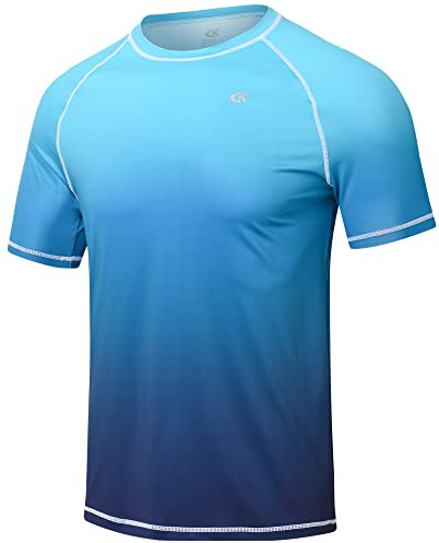 Satankud Rash Guard for Men UPF 50+ Swim Shirt Short Sleeve Sun Shirts Beach Swimwear Fishing Hiking Workout Tee (Blue Gradient,Medium)