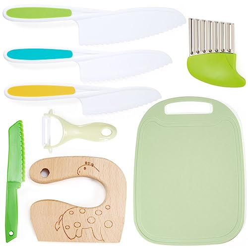 Kindermesser 8-teiliges Kinder-Küchenmesser-Set zum Schneiden und Kochen von Obst oder Gemüse für Kleinkinder, inklusive Holzmesser Schneidebrett Schäler (Giraffe)