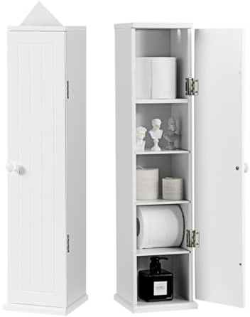 LIFEZEAL Mobiletto Bagno Salvaspazio, 16x17x69cm, Armadio con Anta per Carta Igienica, Armadietto da Terra per Porta Rotolo con 5 Scomparti e 3 Ripiani Rimovibili, Mobili Bagno Basso Stretto Bianco