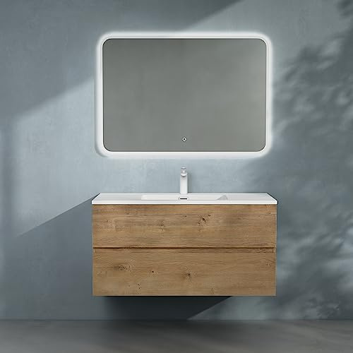 doporro Badmöbel-Set Waschbecken-Unterschrank Badezimmer Wandmontage-Unterschrank BTH: 100x48x50 cm in Kerneiche inkl. Mineralguss-Waschbecken und LED-Spiegel Aqualis