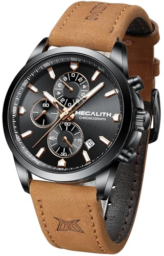 MEGALITH Herrenuhren Chronographen Analog Quartz Armbanduhr Herren Braun Leder Armband Wasserdicht Uhr Herren Lässig Design Datum Leuchtend Elegant Geschenke Uhren für Männer