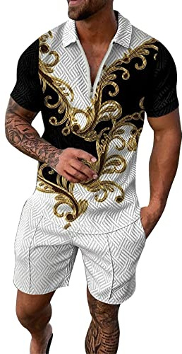 Generico Completi Tuta da Uomo 2 Pezzi T-Shirt + Pantaloncini Tuta Girocollo Taglia Larga Manica Corta con Tasca Estate Sportiva Allenamento Felpa da Uomo Estivo，Vestiti Estivi