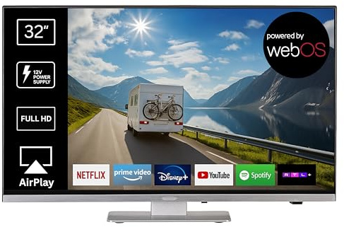 REFLEXION LDDX32IBT Smart LED Fernseher, 32 Zoll / 80cm LG webOSHub, Wohnwagen/Wohnmobil/Camping/Caravan/Boot/LKW TV, Slimline, 12/24/230 Volt, Full HD, Triple Tuner, Bluetooth, WLAN, DVD-Player