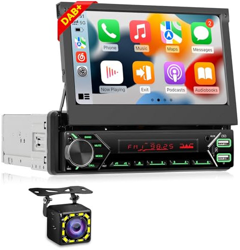 NHOPEEW 1 Din DAB/DAB+ Autoradio mit 7 Zoll versenkbarem Touchscreen - 1 Din Autoradio Unterstützung Wireless Carplay/Android Auto/Mirror Link/FM/EQ + Rückfahrkamera