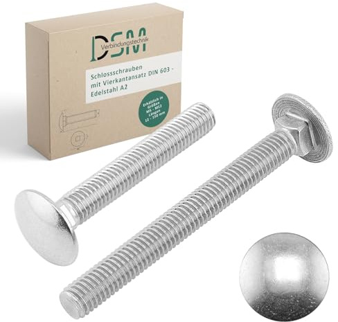 DSM – Tornillos de cierre M8 x 120 mm según DIN 603 – acero inoxidable A2/V2A resistente al óxido – rosca completa – tornillos de cabeza plana redonda con base cuadrada – tornillos para bisagras de