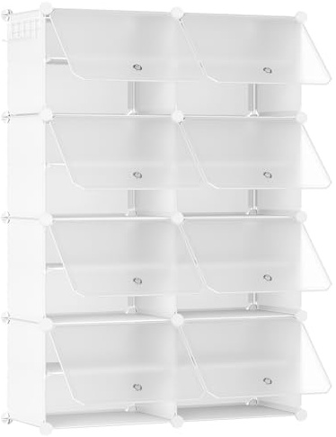 HOOBRO Mueble Zapatero, 8 Compartimentos, Modular Zapatero, Estantería de Plástico, con Puerta, Compartimento 40 x 30 x 30 cm, para Salón, Pasillo, Entrada, Blanco y Transparente EWW28SC01