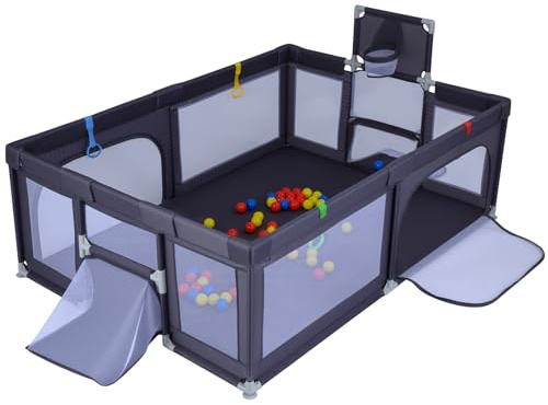 COSTWAY Parque Infantil Bebe, 207 x 145 x 68 cm Corralito Bebe con Canasta de Baloncesto y Redes de Fútbol, 50 Pelotas y 4 Anillas, Parque de Juegos con Puertas con Cremallera y Malla (Gris Oscuro)