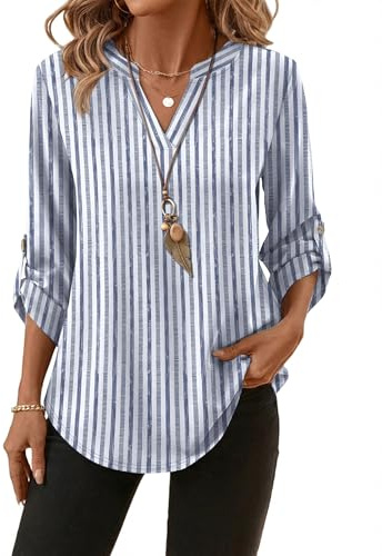 XIEERDUO Women Tops 3/4 Sleeve Tops for Women UK Summer Ladies Blouses V Neck Roll Up Sleeve T Shirts with Button Blue White Stripe Size 10-12