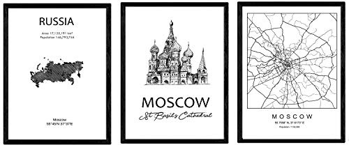 Nacnic Pack de posters de paises y monumentos. Mapa ciudad de Moscu, monumento San Basilio y mapa Rusia. Tamaño A4