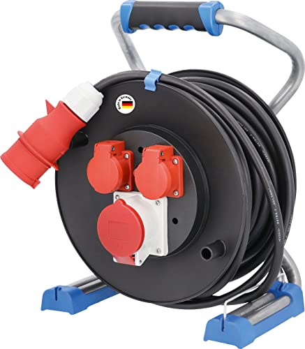 as - Schwabe Xperts enrollacables CEE 30 m H07RN-F 5G2,5, IP44 exterior, 2 tomas de corriente con toma de tierra y 1 toma CEE 400 V 5 polos, Interruptor térmico, Made in Germany