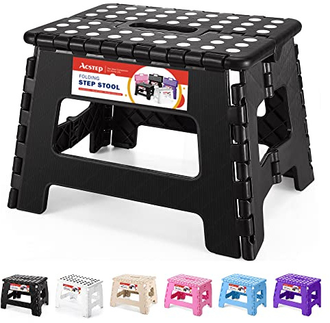 ACSTEP Klappbarer Tritthocker, 27,9 cm breit und 22,9 cm hoch, hält bis zu 136 kg, Kunststoff, zusammenklappbar, für Badezimmer, Garten, Küche (schwarz)