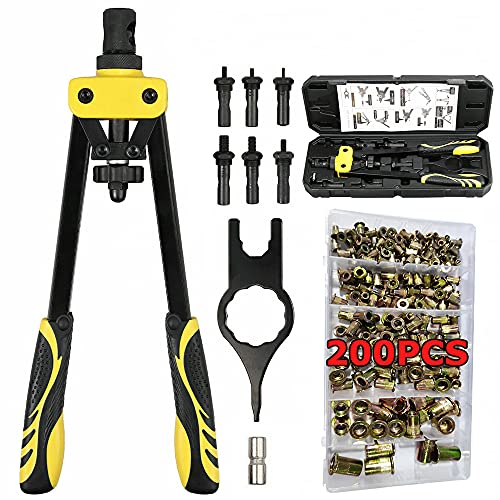 Nietenzange Set,Gewindenieten Zange Set,Nietmutternzange,Nietmutternzange Set,Profi Nietmaschine Nietmutter-Werkzeug,M3 M4 M5 M6 M8 M10 M12 inkl 200 Stück Nietmuttern,für Stahlbleche (Schwarz)