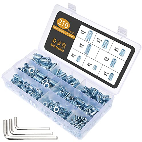 Gueenky 210 Pièces Insert Fileté Bois, M6 M8 M10 Manchon à Visser Insert Bois Acier au Carbone Galvanisé, 8 Tailles Insert Fileté Nuts pour Meubles en Bois, avec Clé