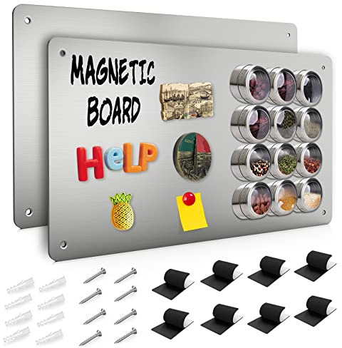 Raweao Fridge Magnet Display Board for Wall, 43.5x30cm(Silver-2P) | A3 Size, Metal Magnetic Board for Travel Magnet, Easy to Install with Velcro or Screws, for Kitchen Fridge Home Office