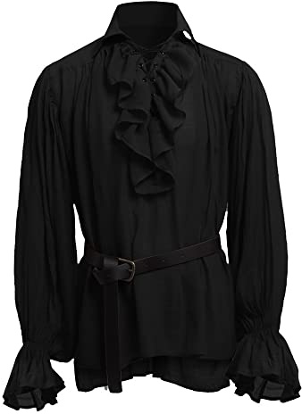 BaronHong Hommes Pirate Chemise Vampire Renaissance Victorien Steampunk Gothique À Volants Médiéval Halloween Costume Vêtements (Noir,L)