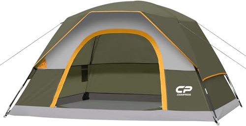 CAMPROS CP Tienda de campaña para 4 Personas, Impermeable, Resistente al Viento, Tienda de campaña Familiar con Mosca de Lluvia, Ventanas de Malla Grandes, Puerta más Ancha, fácil instalación,