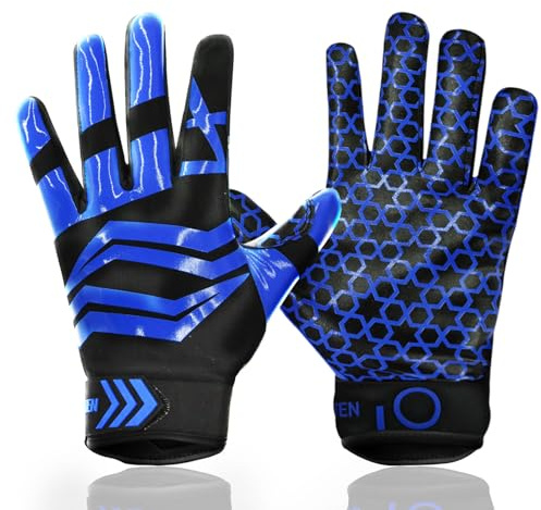 FINGER TEN Football Receiver Gloves Youth Receiving Gloves Pro 3.0 Durable Breathable Flexible for Kids Boys Girls in White Red Black Blue Small Large Medium X-Large (B-Blue, Small)