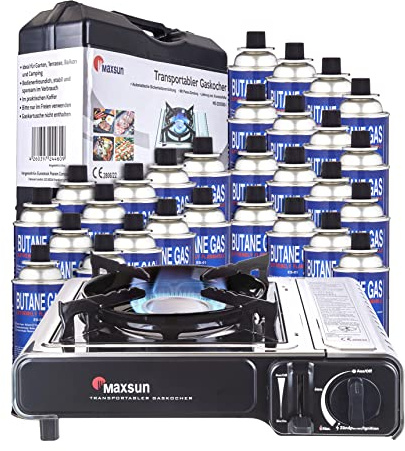 Maxsun | MaXimum Edelstahl Premium Gaskocher Set | tragbarer Campingkocher | Gaskartuschen Kocher (Kocher + 28 Kartuschen)