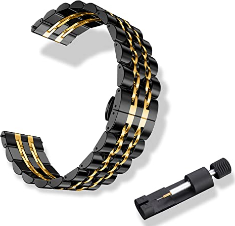 RoYiio Bracelet Métal pour Largeur Pattes de Montre 22mm, Bracelet en Acier Inoxydable Magnifiquement Poli pour Homme Femme - Noir Or