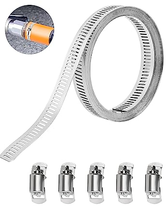 Furuising 2m/6.5ft Fascette Metalliche，Acciaio Inox Fascette Stringitubo，Regolabile Fascette Metalliche Stringitubo Set con 5 Elementi di Fissaggio per Tubi Dell'Acqua Tubi del Gas DIY