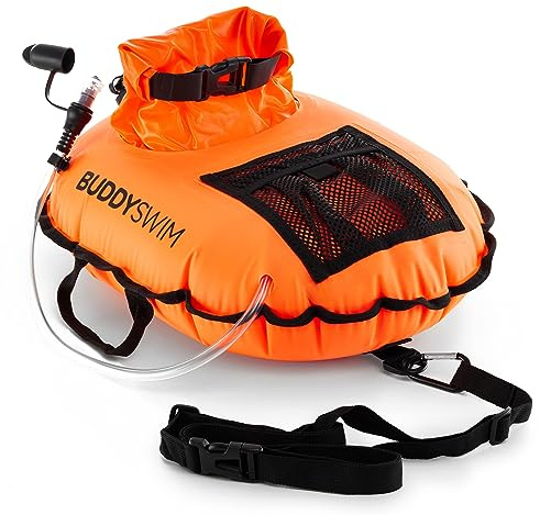 BUDDYSWIM Open Water Swim Buoy Hydration PRO with Easily Accessible Central Watertight Pouch for Storage of Belongings, Water Bottle or Food. Includes Waterproof Mobile Phone Case.