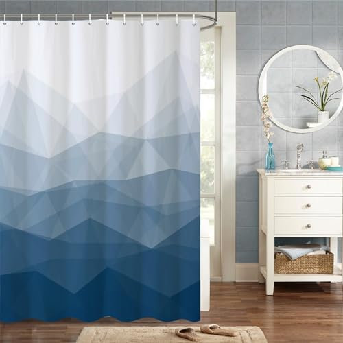 MIRRORANG 105x160cm Blauer Stoff Duschvorhang Marine-Ombre Geometrisch Berg Duschvorhang für Badezimmer Wasserdichtes Polyestergewebe Set mit Haken