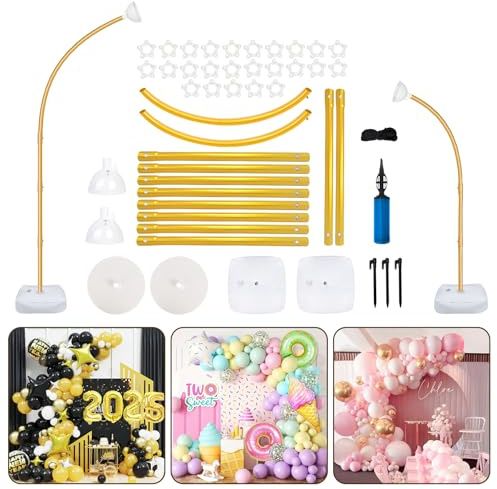 AerWo [Upgraded] Balloon Arch Kit 8.2ft+6ft, Gold Half Balloon Arch Stand with Base, Free Bending Top Curve Balloon Frame Stand for Floor Birthday Wedding Christmas Decorations
