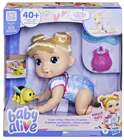 Baby Alive Harper Hugs – Poupée Interactive de 27 cm Qui Marche à 4 Pattes – Plus de 40 Sons Adorables – Tasse d’Apprentissage, Jouet Abeille & Fonction Danse
