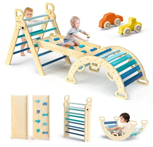 BlueWood Pikler Triangle Set, Toddler Climbing Toys Indoor, 7in1 Foldable Baby Climbing Toys- Sky Blue