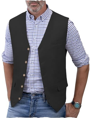 AeoTeokey Gilet estivo da uomo in lino, con scollo a V, leggero, casual, vestibilità regolare, Nero , XXXXL