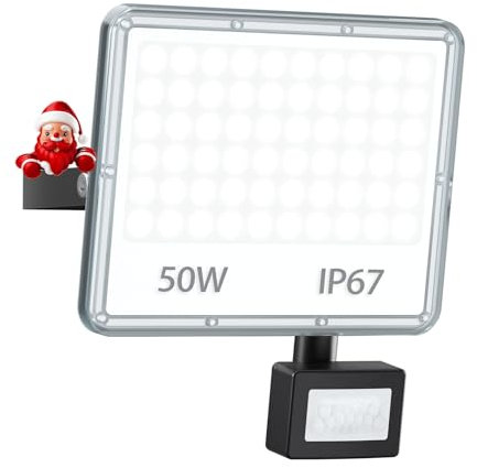YIQIBRO 50W Faretto LED da Esterno con Sensore di Movimento 1 Pezzi - 5000LM IP67 Faretti Faro LED Esterno 7000K Luce Fredda Lampada Faretti con Sensore Movimento per Giardino/Garage