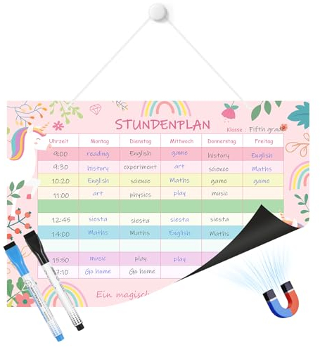 MoKo Stundenplan Abwischbar Magnetisch, Kinder Wochenplaner Magnetisch für den Kühlschrank, Stundenplan mit 2 Farbigen Markern und Schlüsselband, Grundschule Junge Mädchen, Rosa